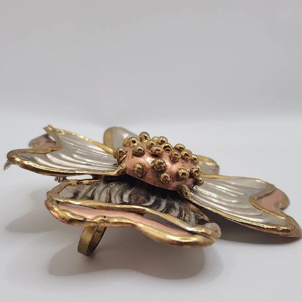 Vintage‎ Brutalist Sigh SJ Mixed Metal Dogwood Flower Brooch Pendant Taxco MCM